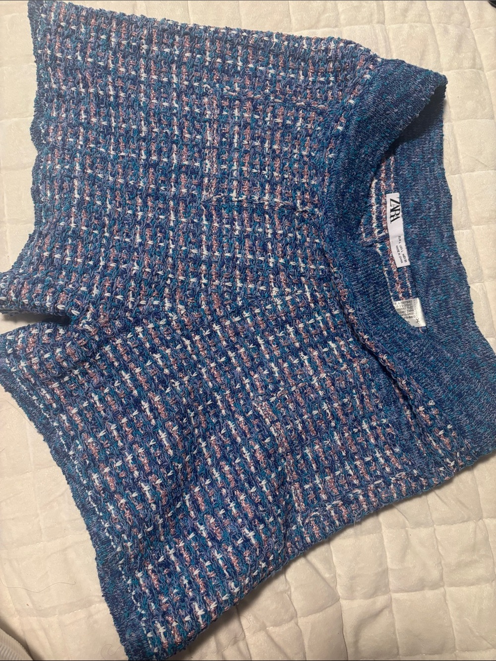Zara Blue Multicolor Tweed Knit Top